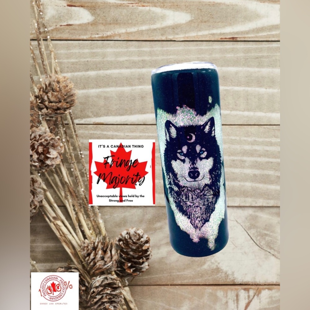 Blue eyes wolf, epoxy stainless steel tumbler, black geode glitter, 20oz skinny